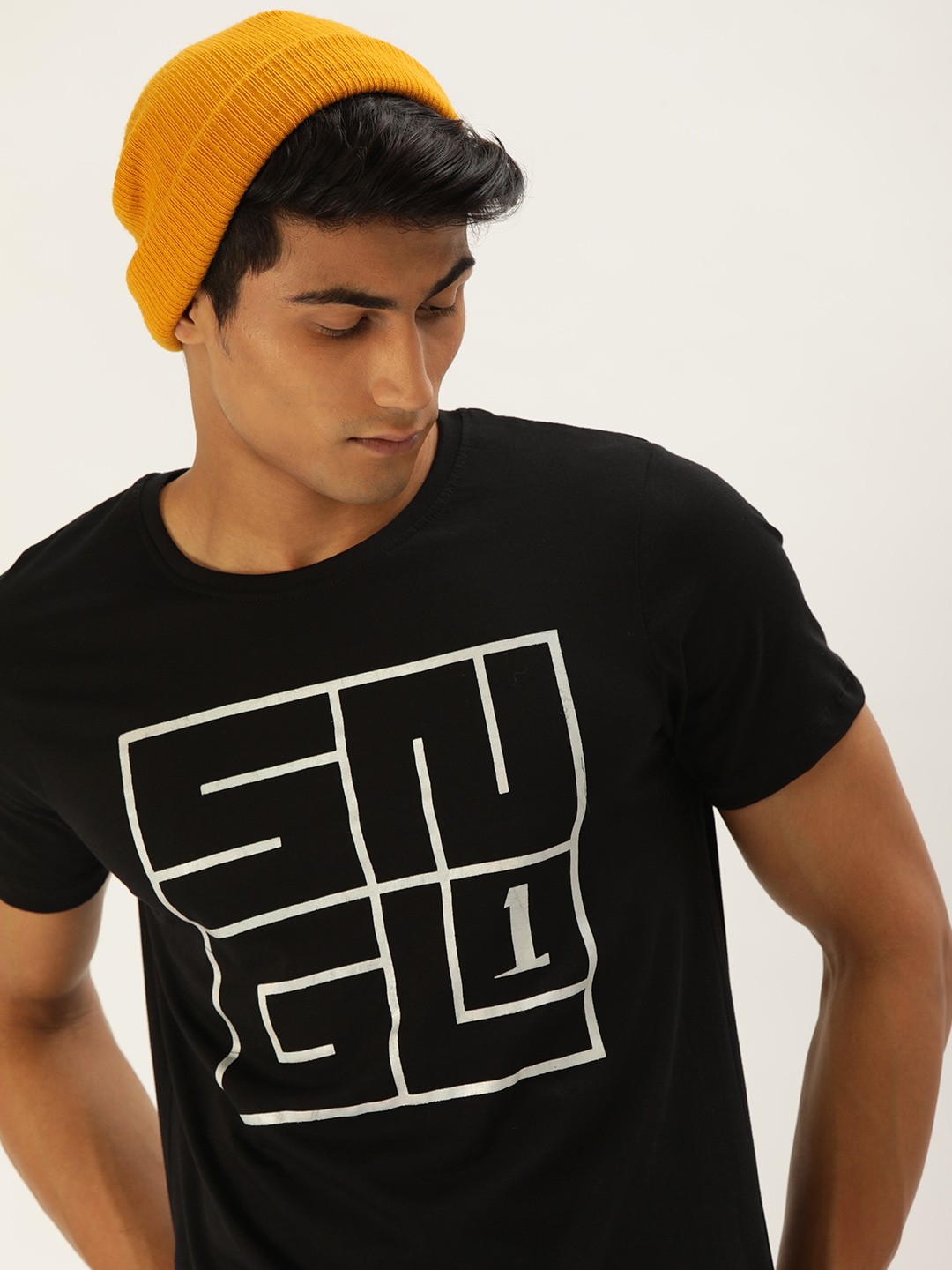 

SINGLE Men Black Typography Printed T-shirt