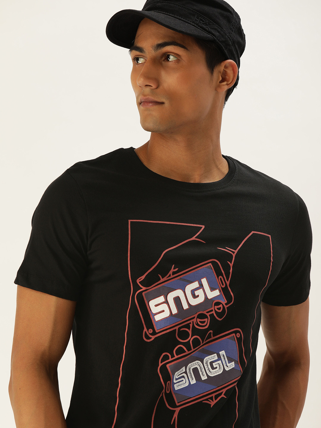 

SINGLE Men Black Typography Printed T-shirt