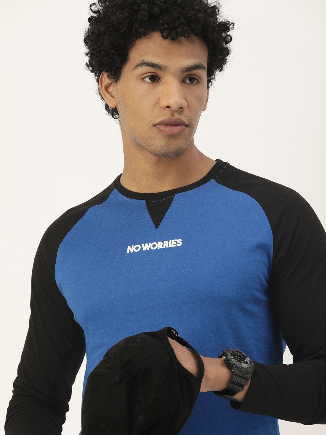 

SINGLE Men Blue Contrast Raglan Sleeves T-shirt With Printed Detailing