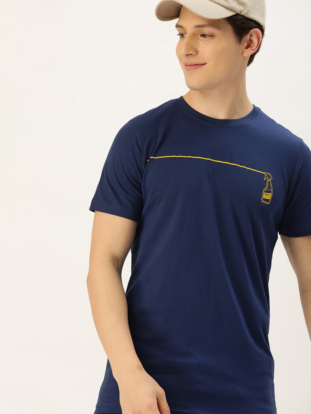 

SINGLE Men Navy Blue Graphic Printed Pure Cotton Slim Fit T-shirt