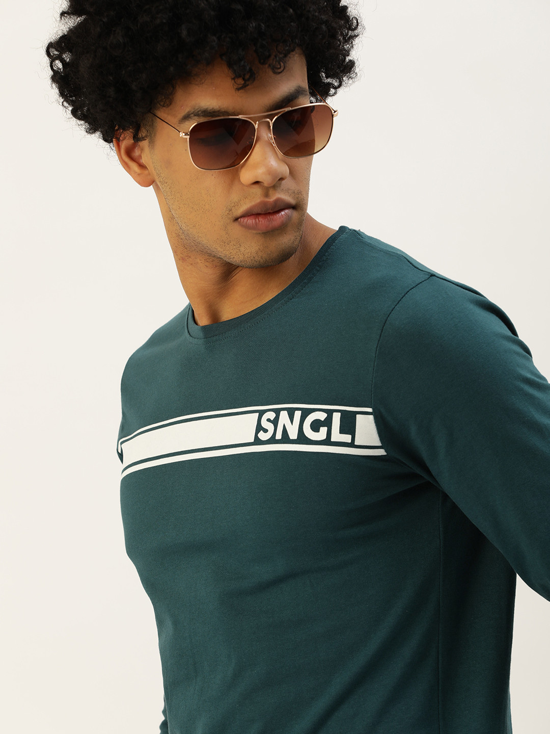 

SINGLE Men Teal Blue Brand Logo Printed Round Neck Pure Cotton T-shirt
