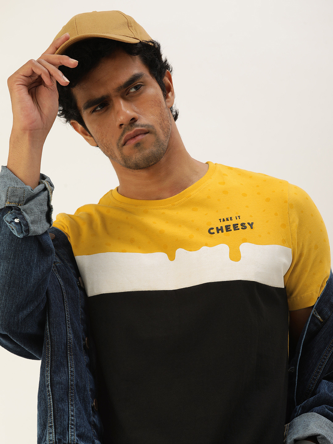 

SINGLE Men Yellow & Black Colourblocked Pure Cotton T-shirt