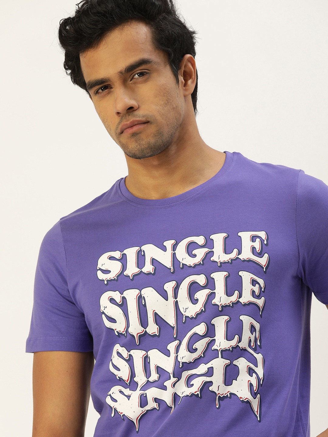 

SINGLE Men Purple & White Typography Printed Pure Cotton T-shirt