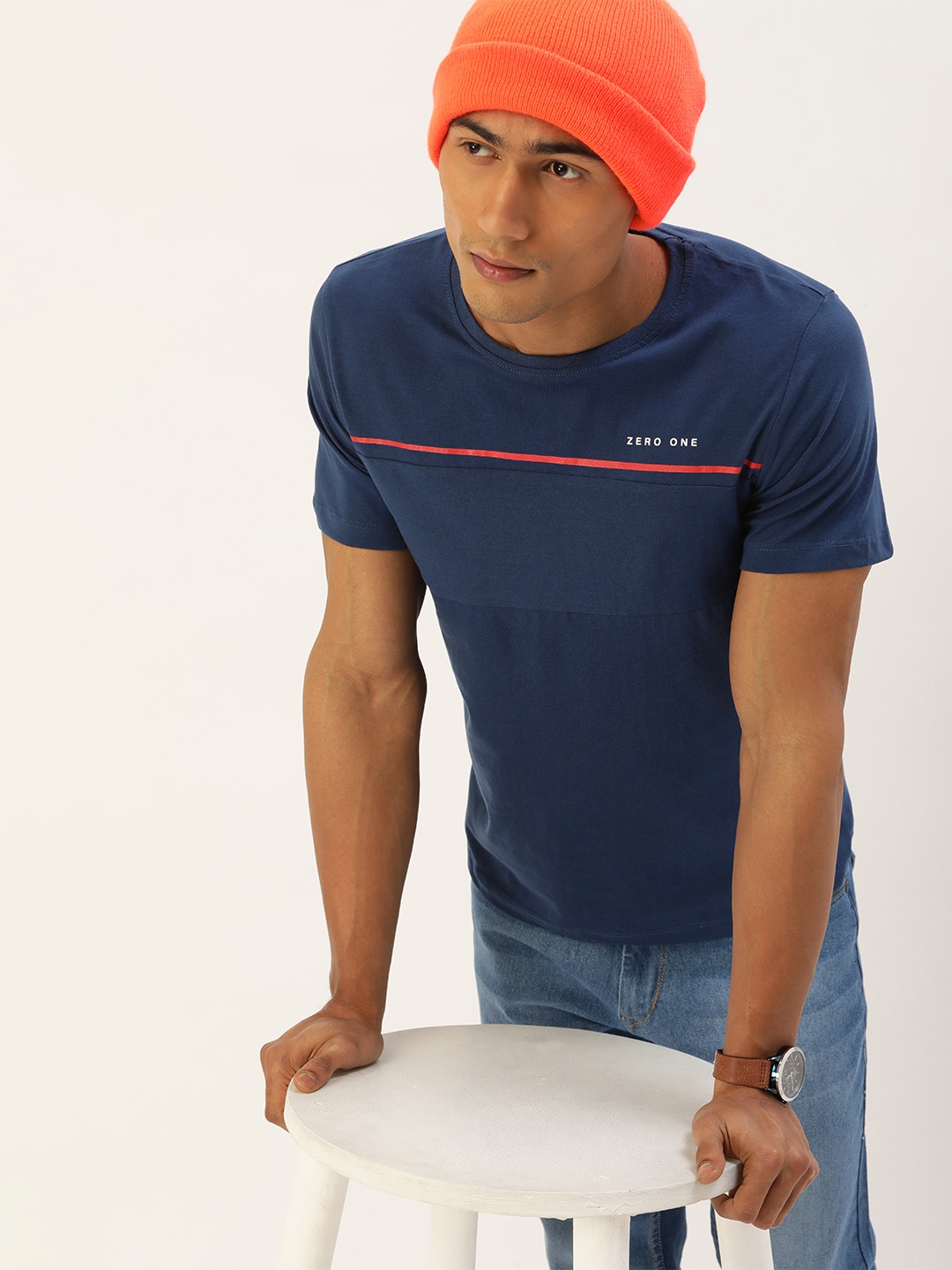 

SINGLE Men Navy Blue Cotton Slim Fit T-shirt
