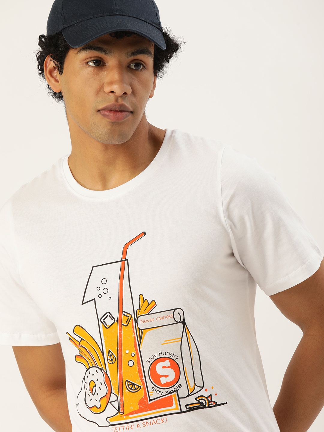 

SINGLE Men White Mustard Yellow Printed Pure Cotton T-shirt