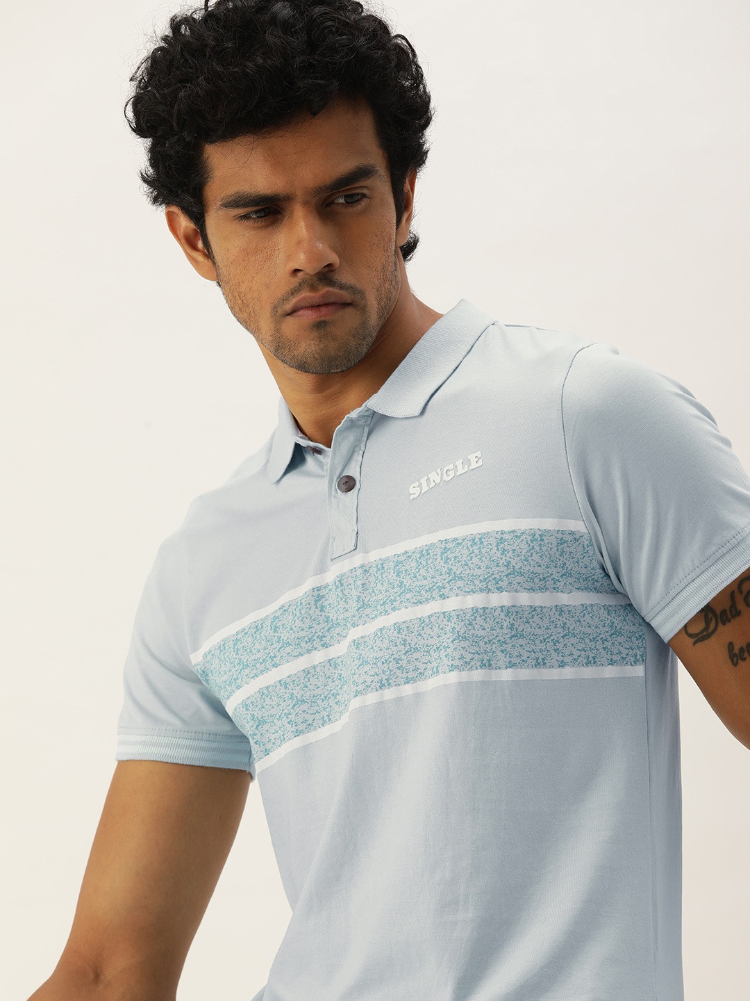 

SINGLE Men Blue Striped Polo Collar Pure Cotton T-shirt