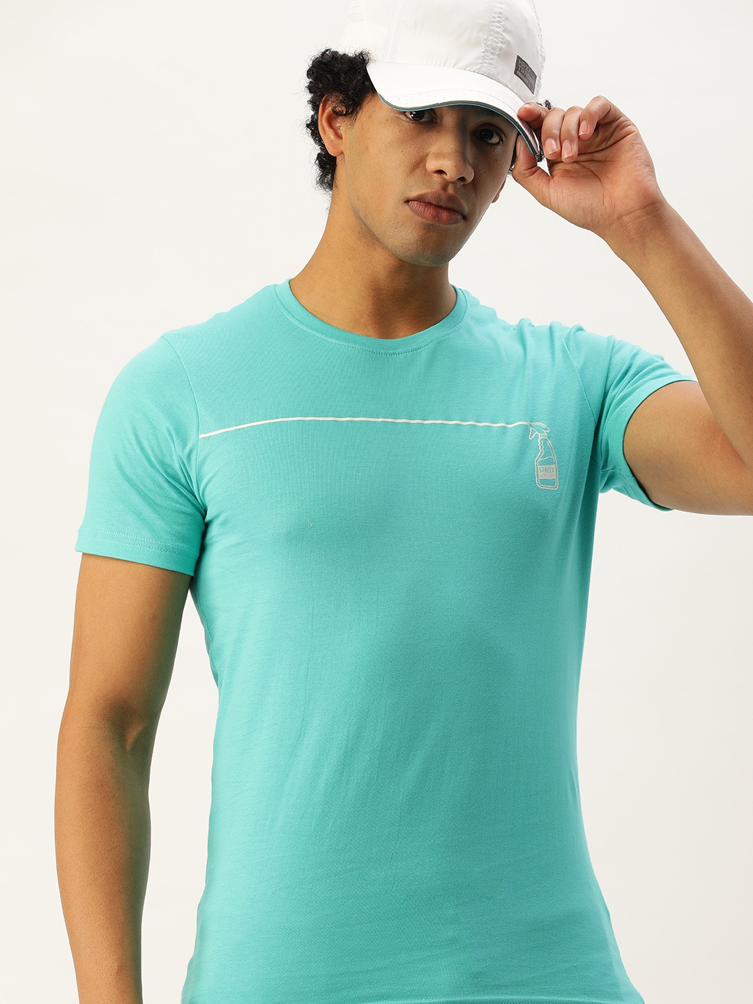 

SINGLE Men Turquoise Blue Printed Cotton Slim Fit Pure Cotton T-shirt
