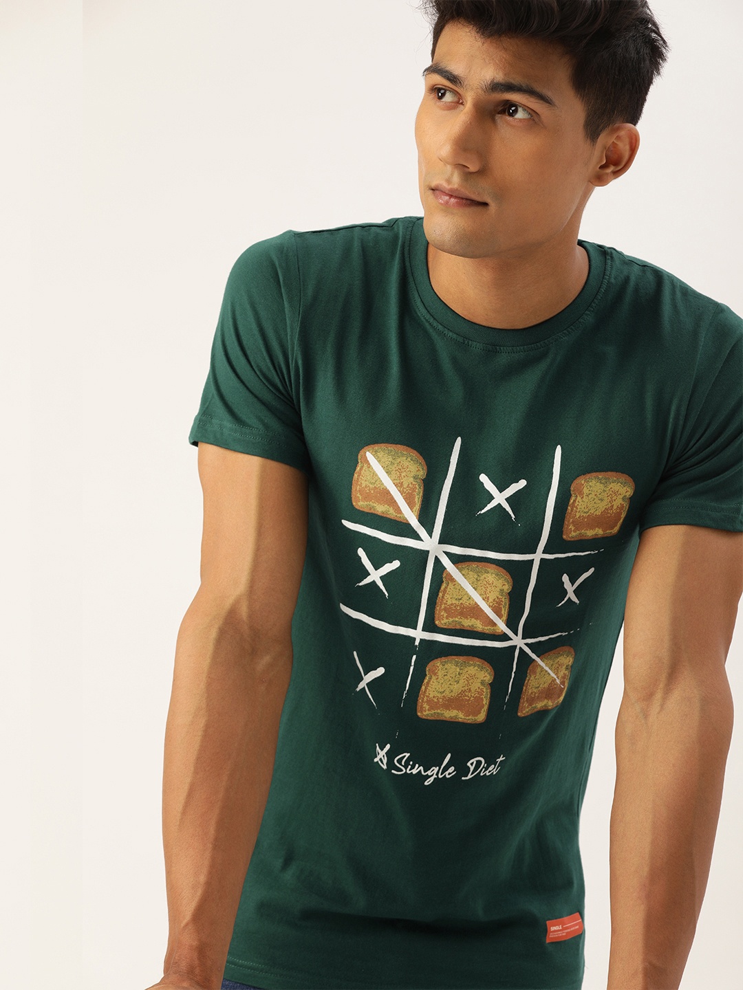 

SINGLE Men Teal Green Typography Printed Slim Fit Pure Cotton T-shirt