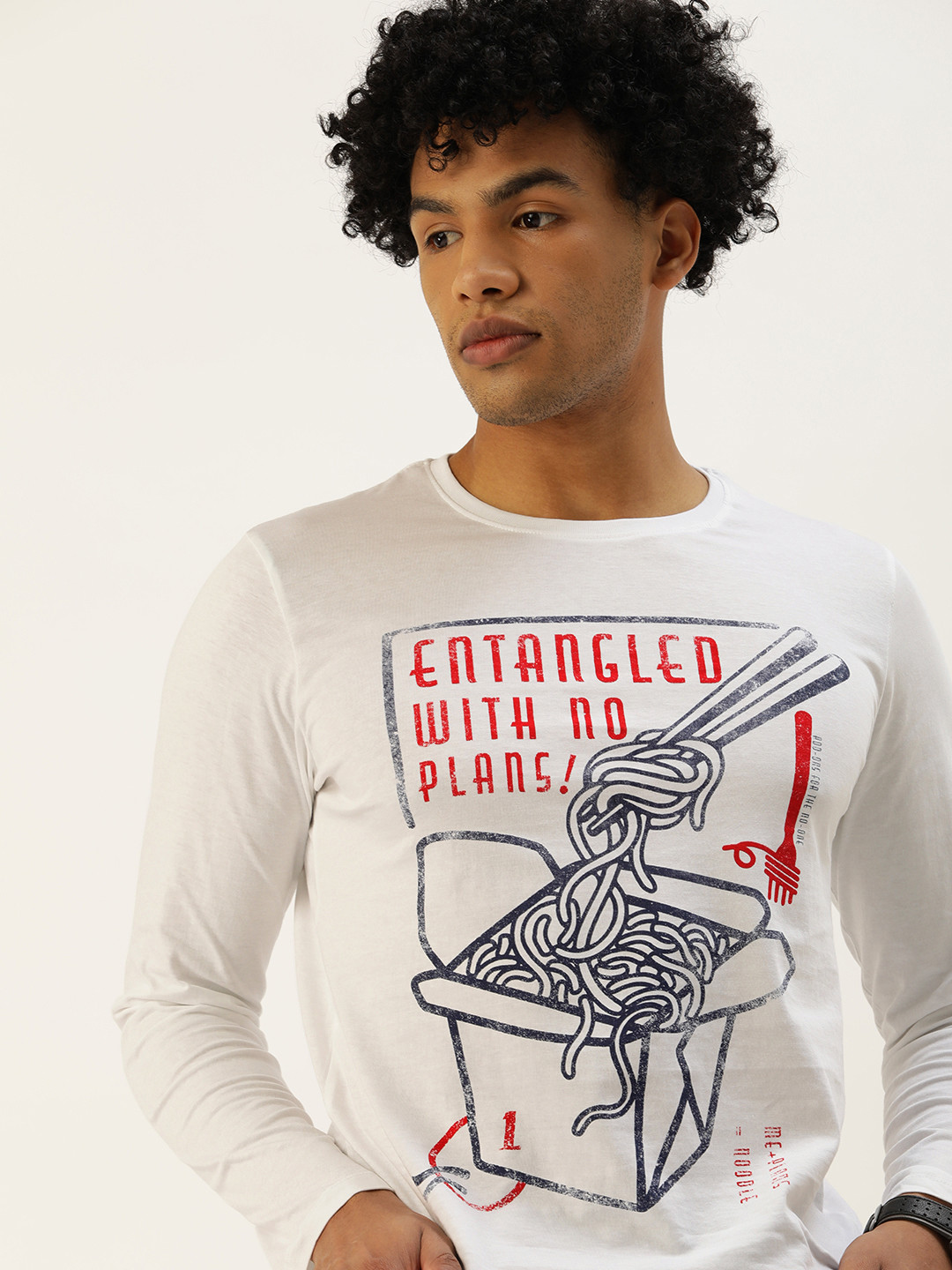 

SINGLE Men White Typography Printed Slim Fit Round Neck Pure Cotton T-shirt