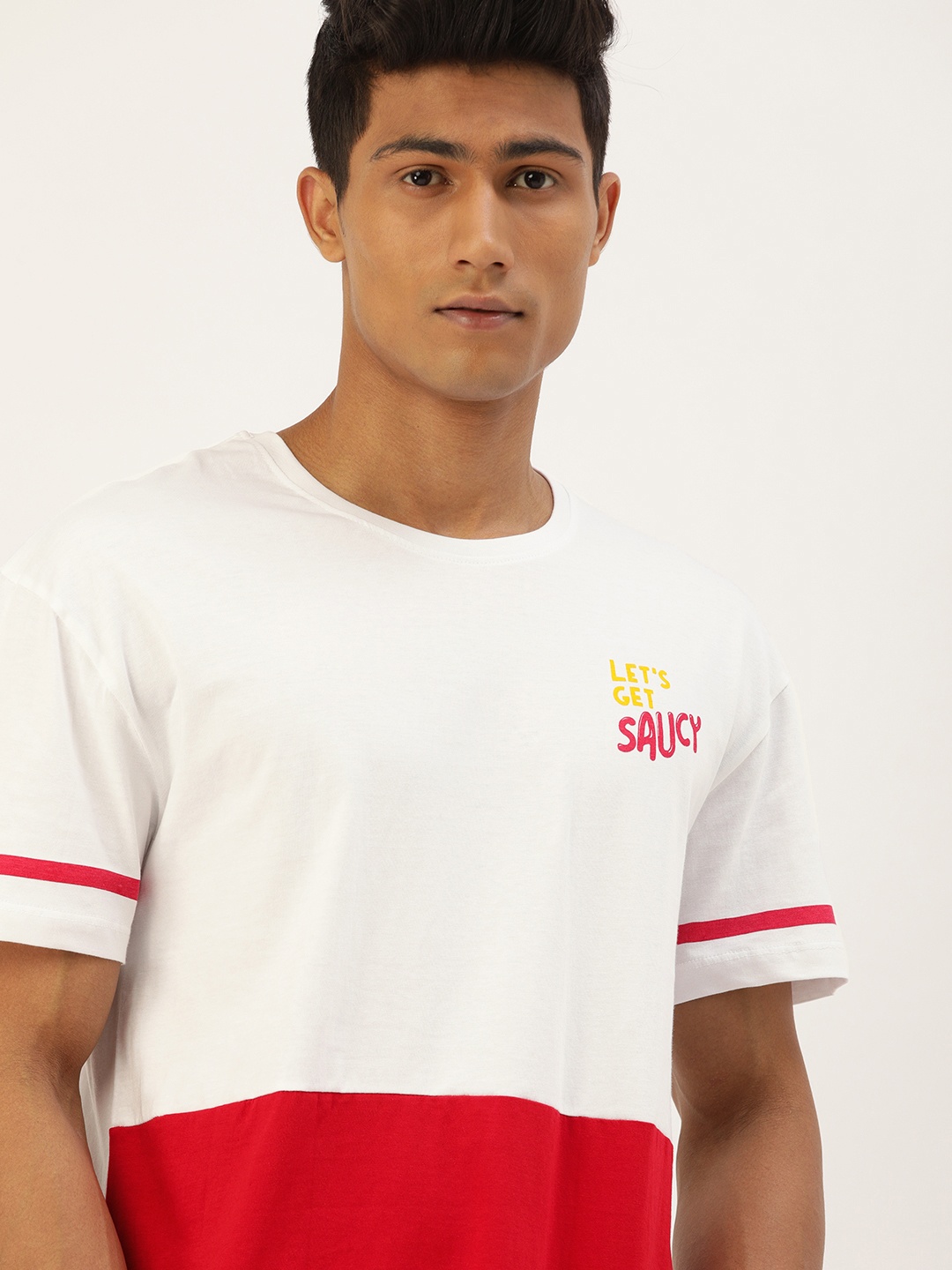 

SINGLE Men White Red Colourblocked Pure Cotton Boxy Casual Pure Cotton T-shirt