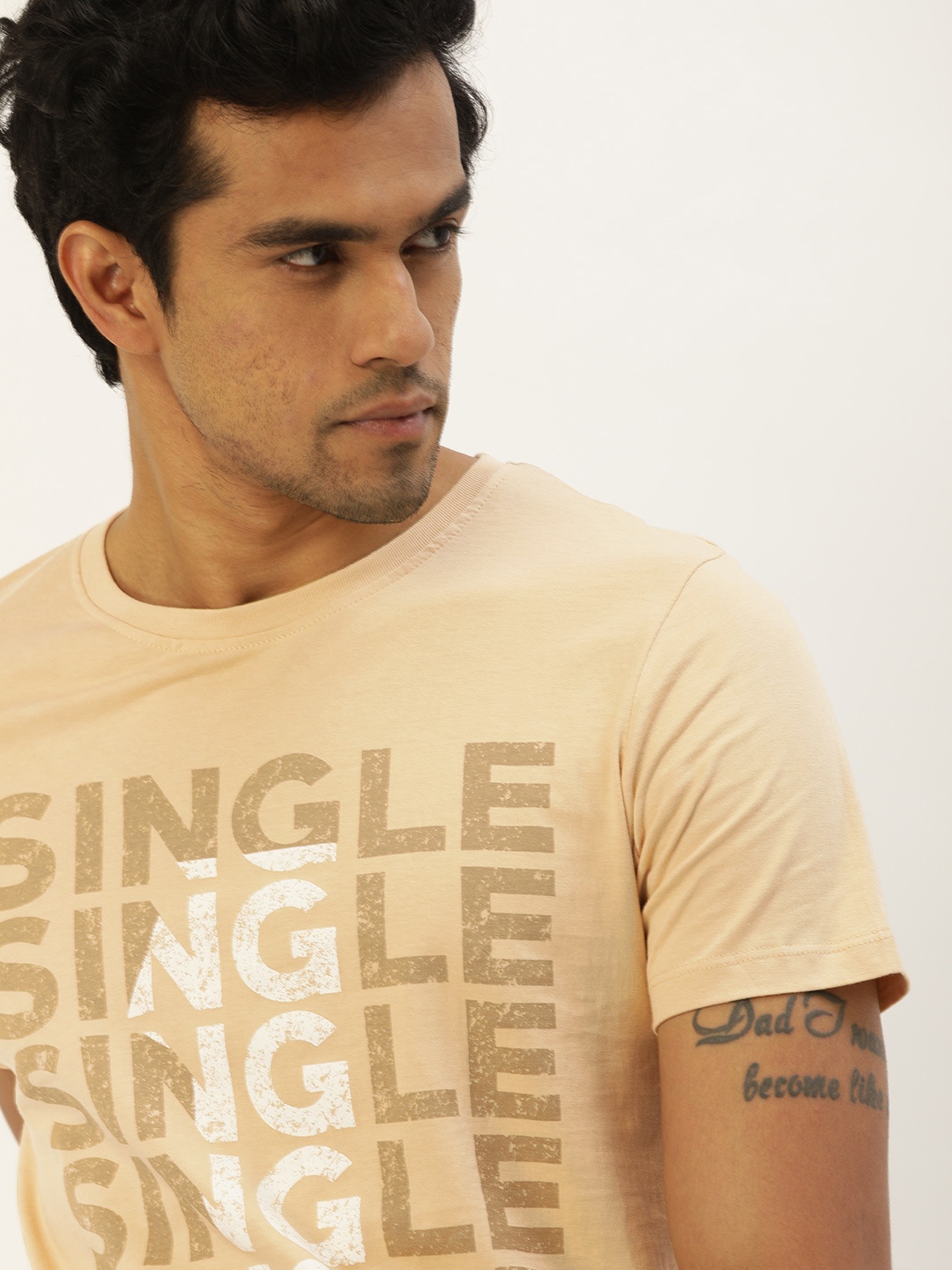 

SINGLE Men Beige Typography Printed Pure Cotton T-shirt