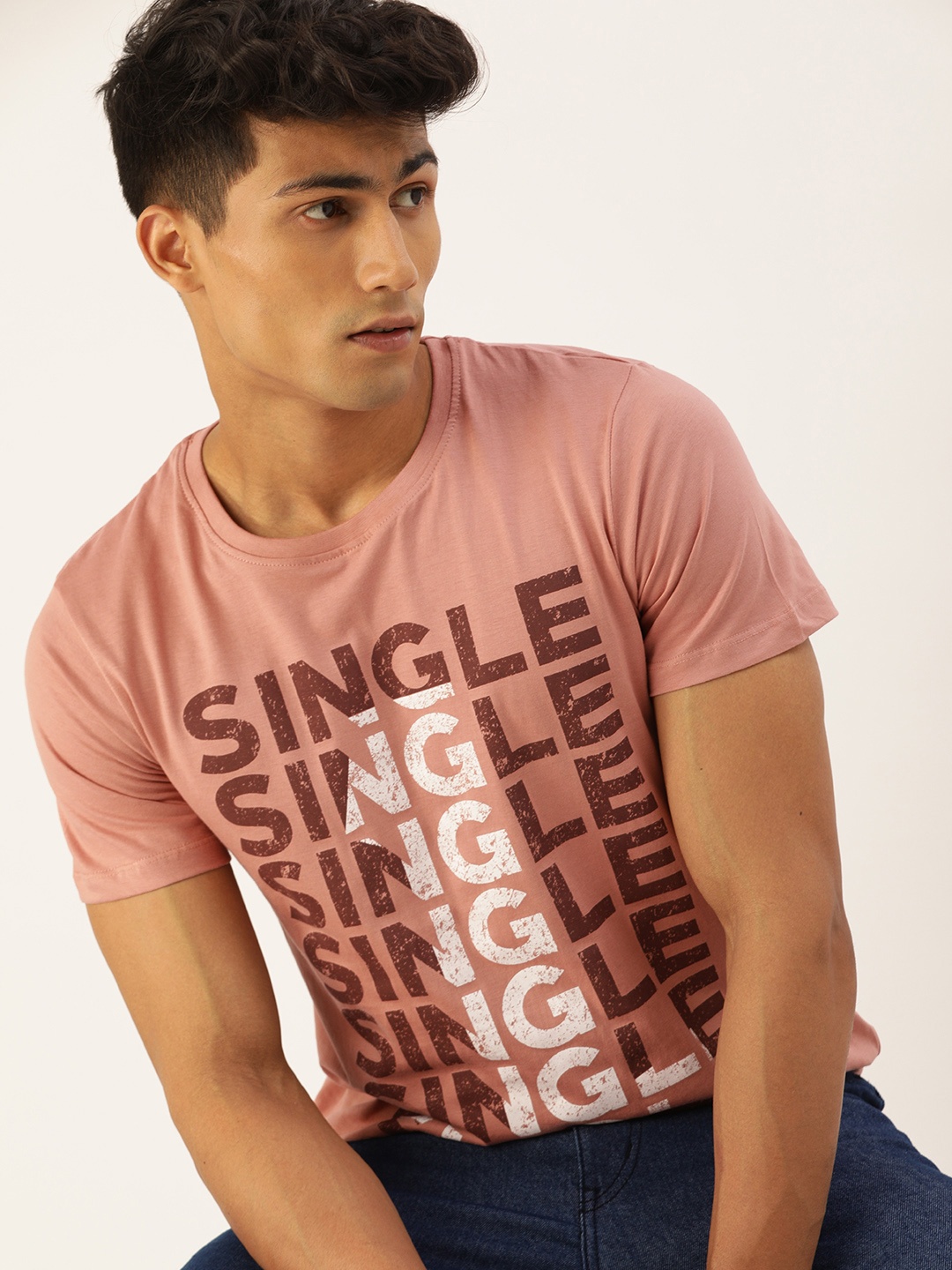 

SINGLE Men Pink Typography Printed Pure Cotton T-shirt