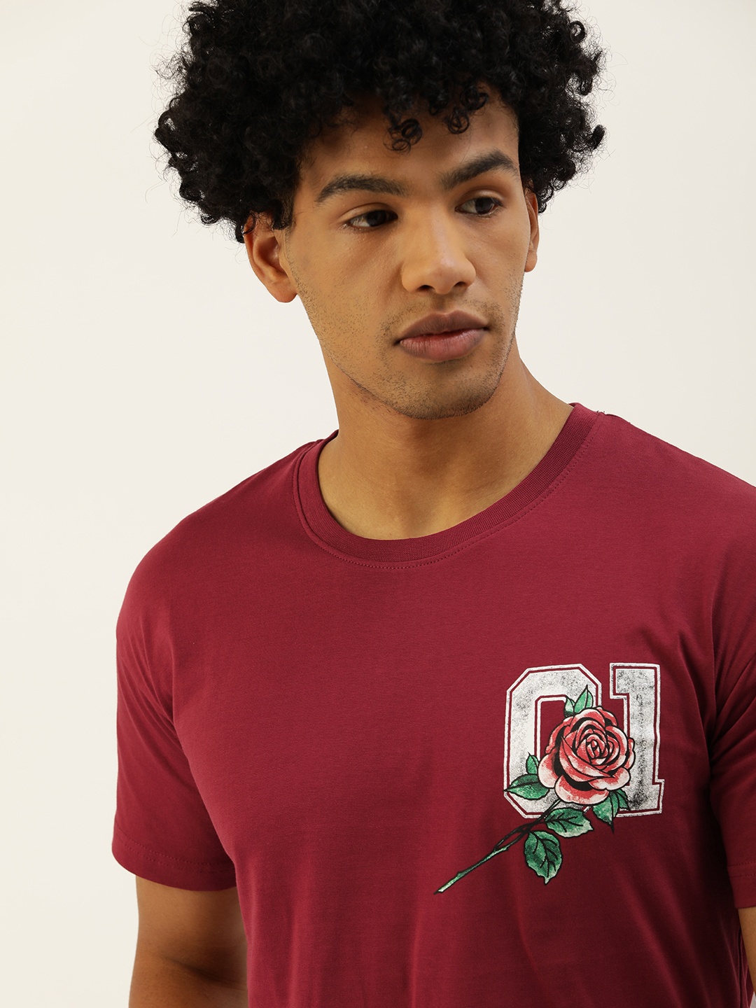 

SINGLE Men Maroon Floral Printed Drop-Shoulder Sleeves Boxy Pure Cotton T-shirt