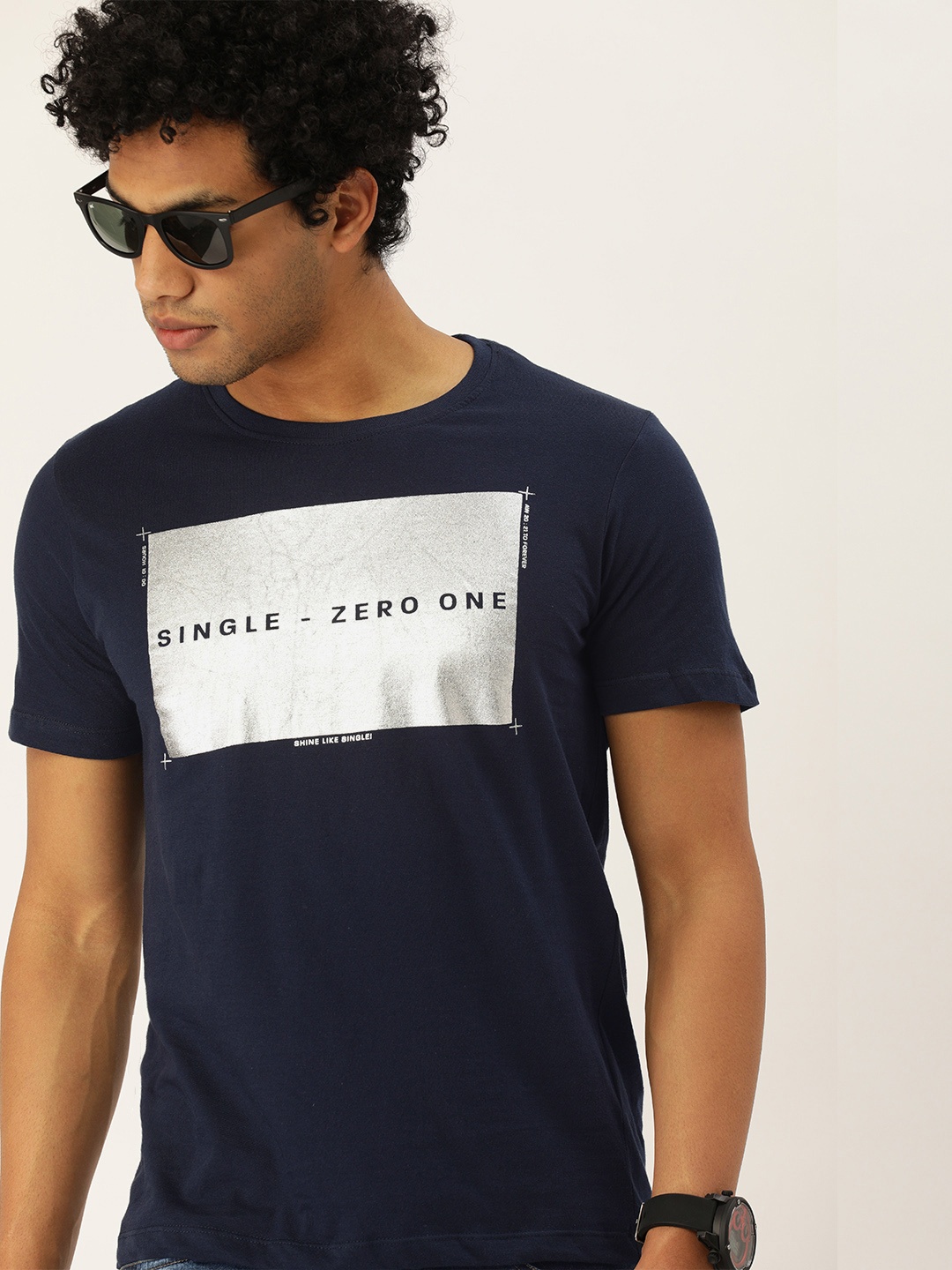 

SINGLE Men Navy Blue Typography Printed T-shirt