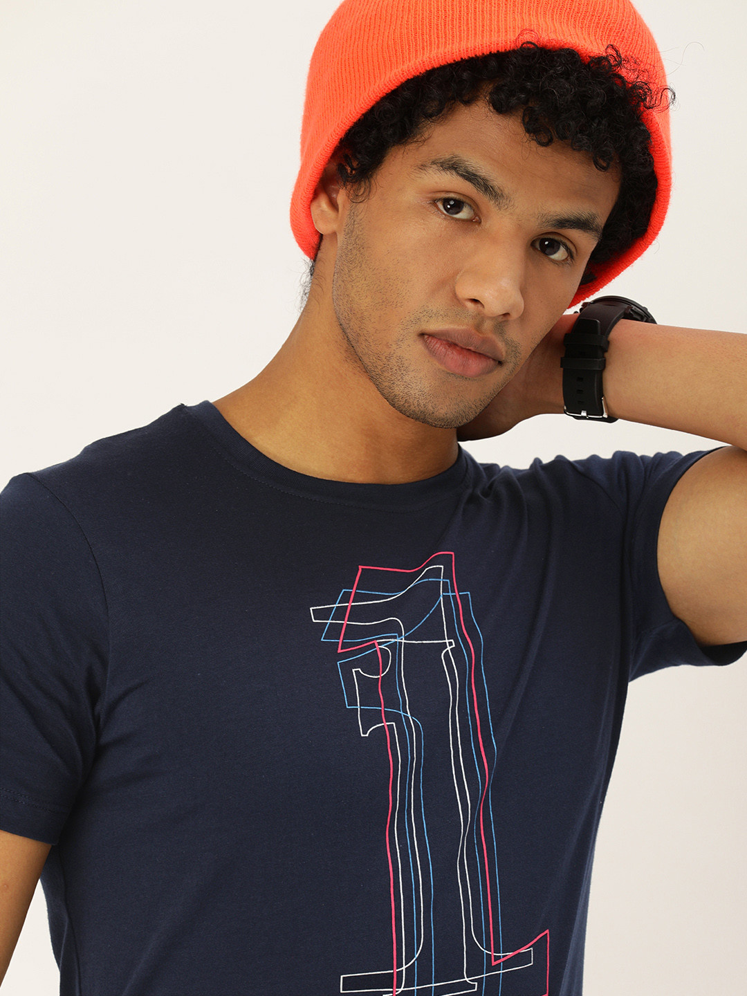 

SINGLE Men Navy Blue Typography Printed Cut Outs Pure Cotton T-shirt