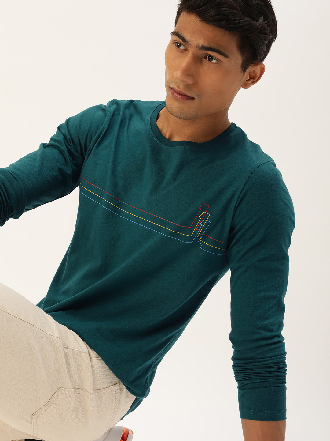 

SINGLE Men Teal Green T-shirt with Printed Detail