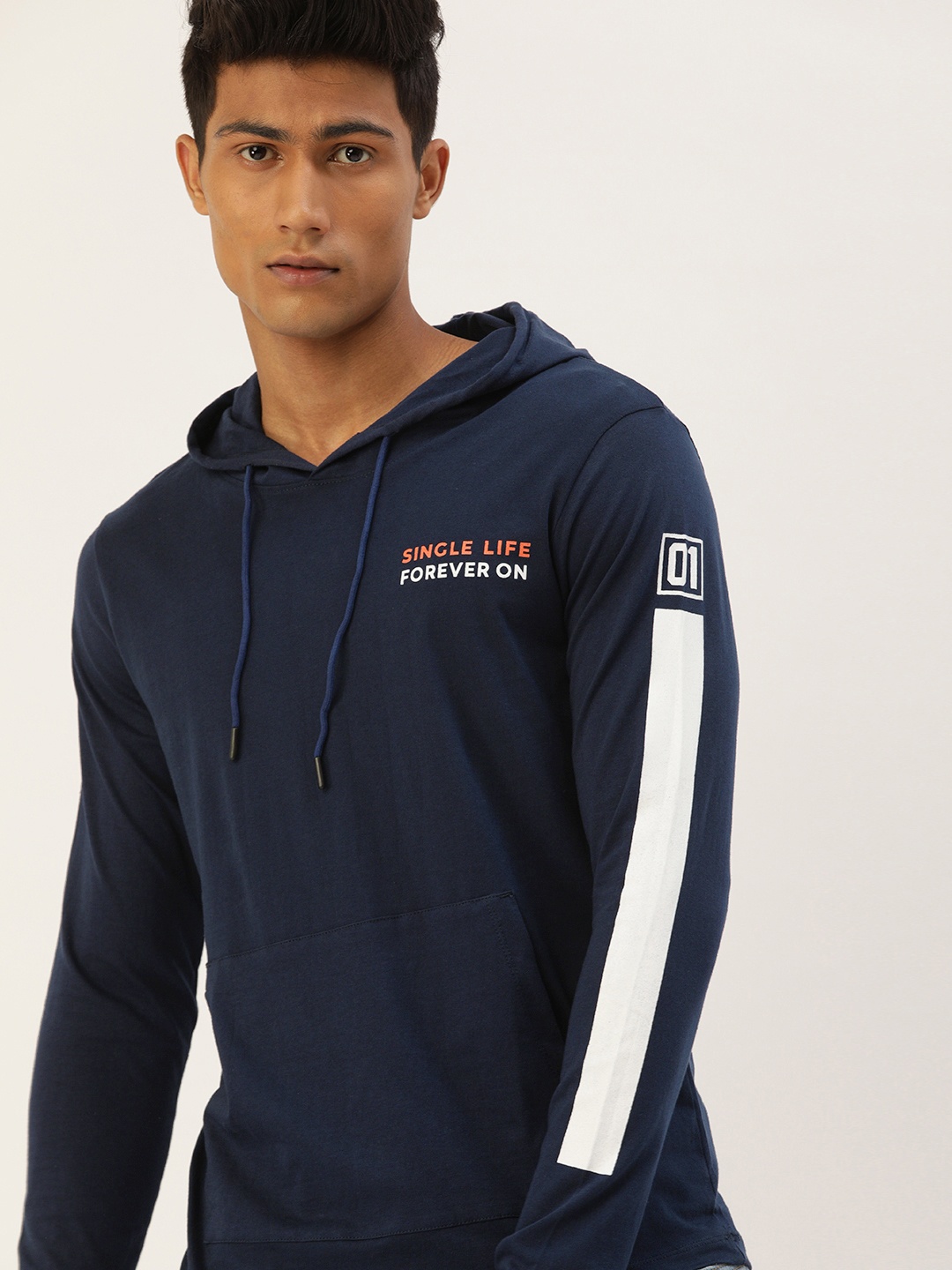 

SINGLE Men Navy Blue Typography Printed Slim Fit Hooded Casual Pure Cotton T-shirt