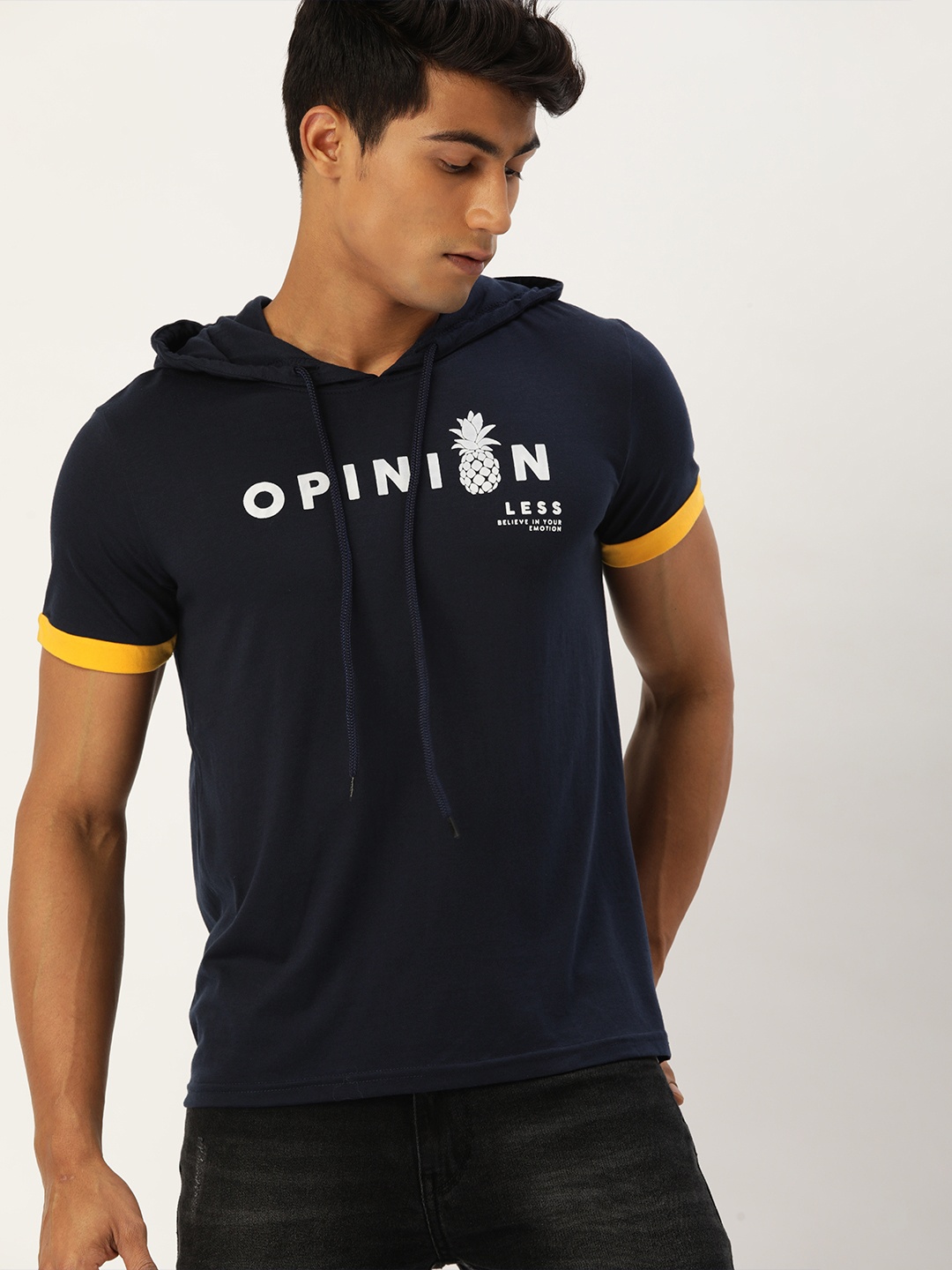 

SINGLE Men Navy Blue & White Typography Printed Hooded Slim Fit T-shirt