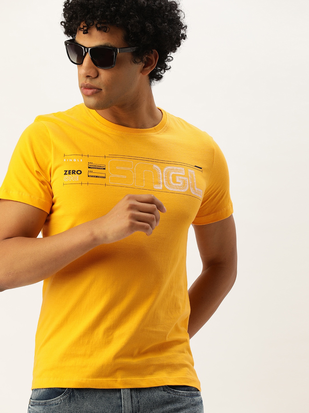 

SINGLE Men Yellow Typography Printed Cotton Pure Cotton T-shirt