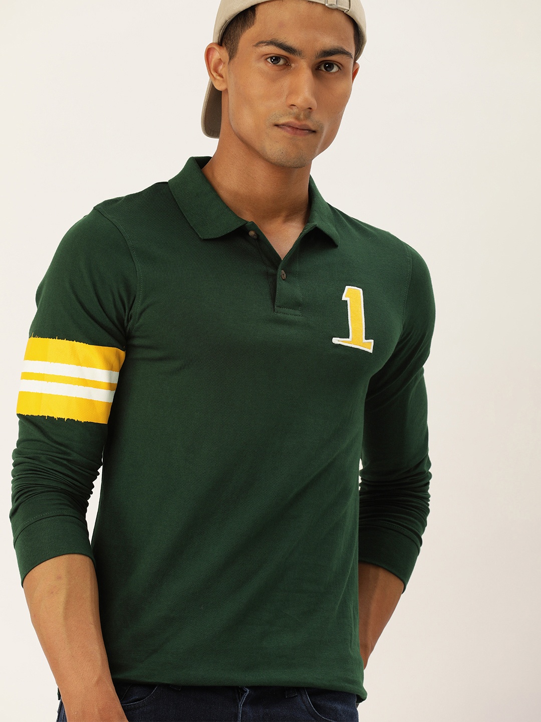 

SINGLE Men Green Polo Collar Applique Slim Fit T-shirt