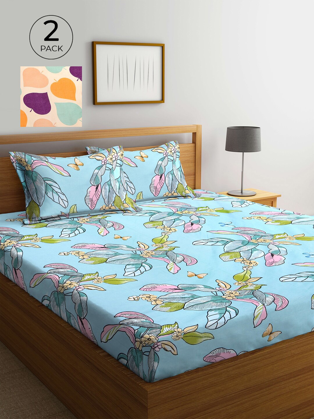 

KLOTTHE Turquoise Blue & Orange Floral 210 TC 2 King Bedsheet with 4 Pillow Covers