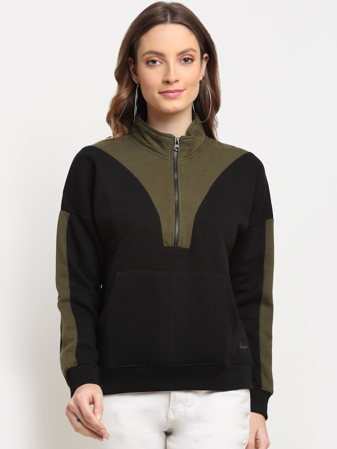 

Club York Women Black and Olive Green Colourblocked Sweatshirt