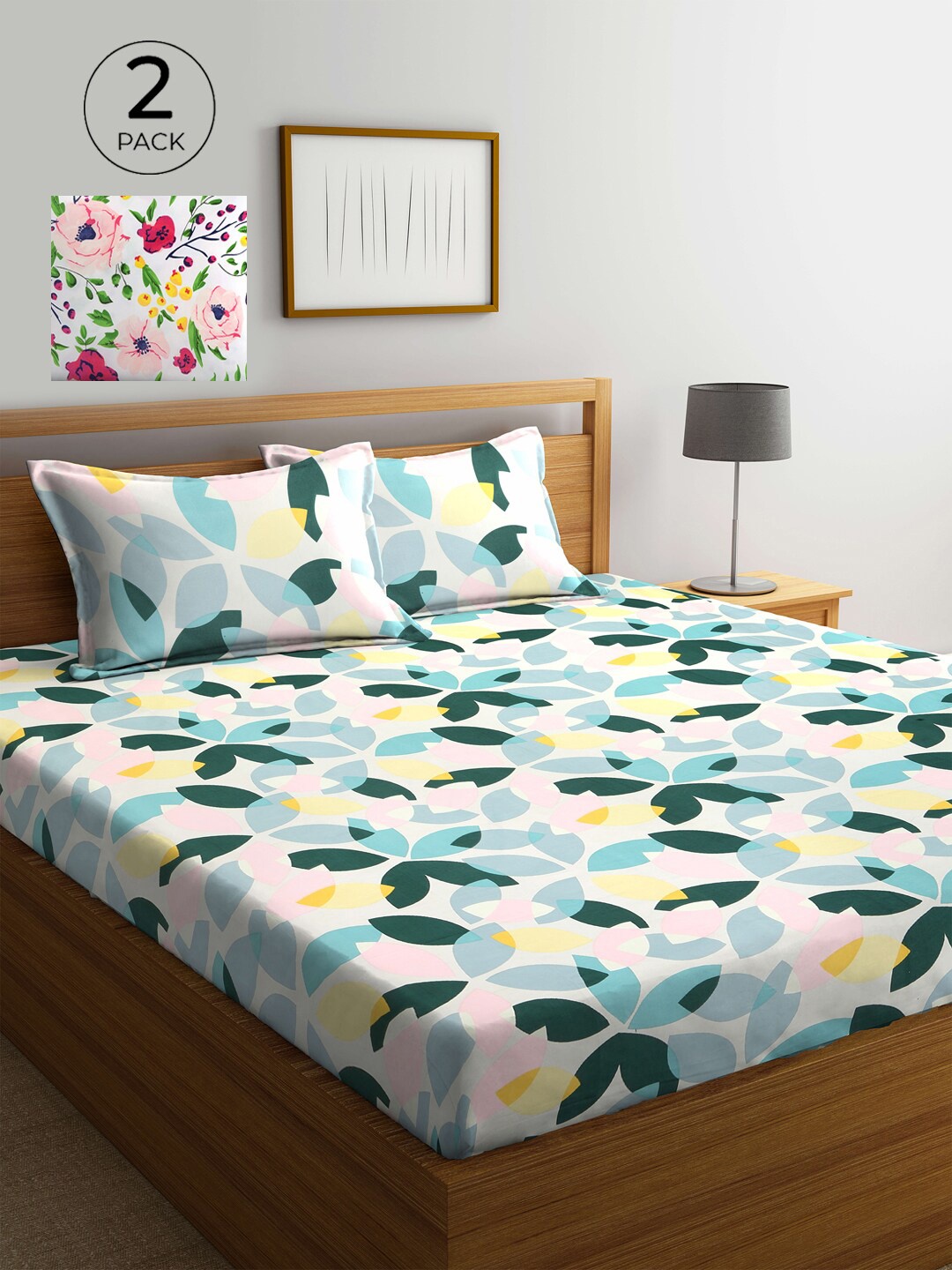 

KLOTTHE Green & White Floral 210 TC 2 King Bedsheet with 4 Pillow Covers, Blue
