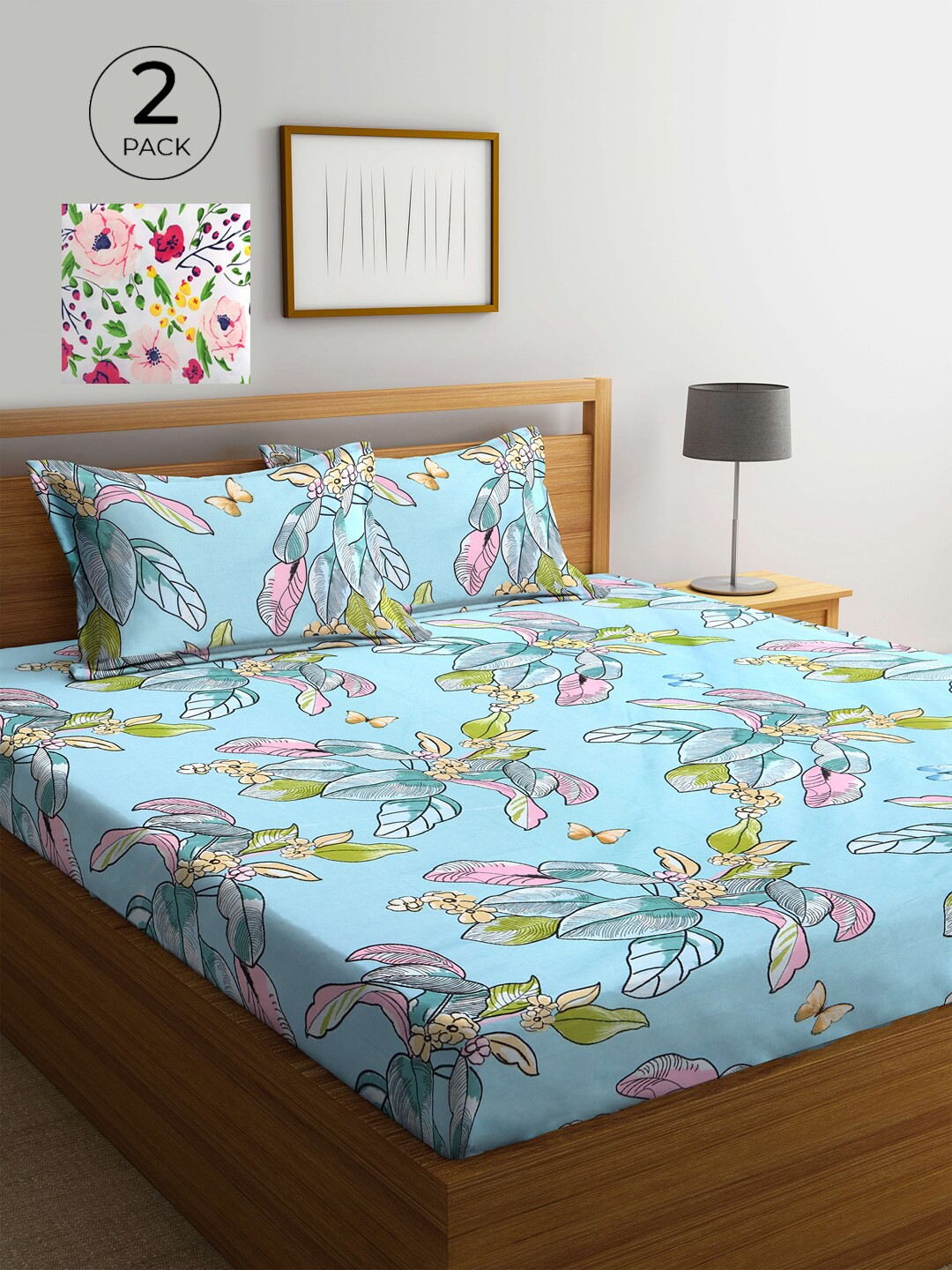

KLOTTHE Blue & White Floral 210 TC 2 King Bedsheet with 4 Pillow Covers