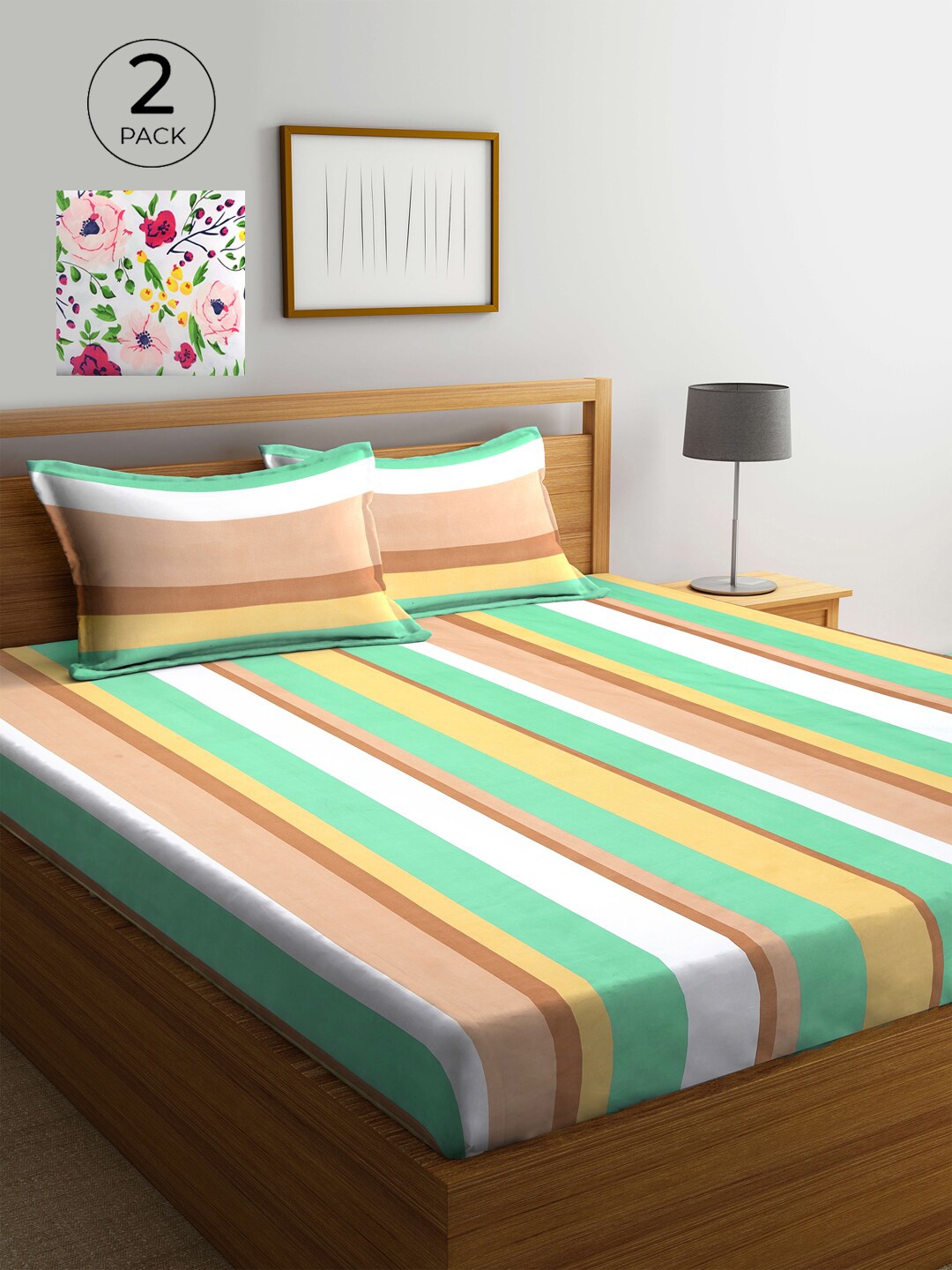 

KLOTTHE Green & White 210 TC Polycotton 2 Double Bedsheet with 4 Pillow Covers