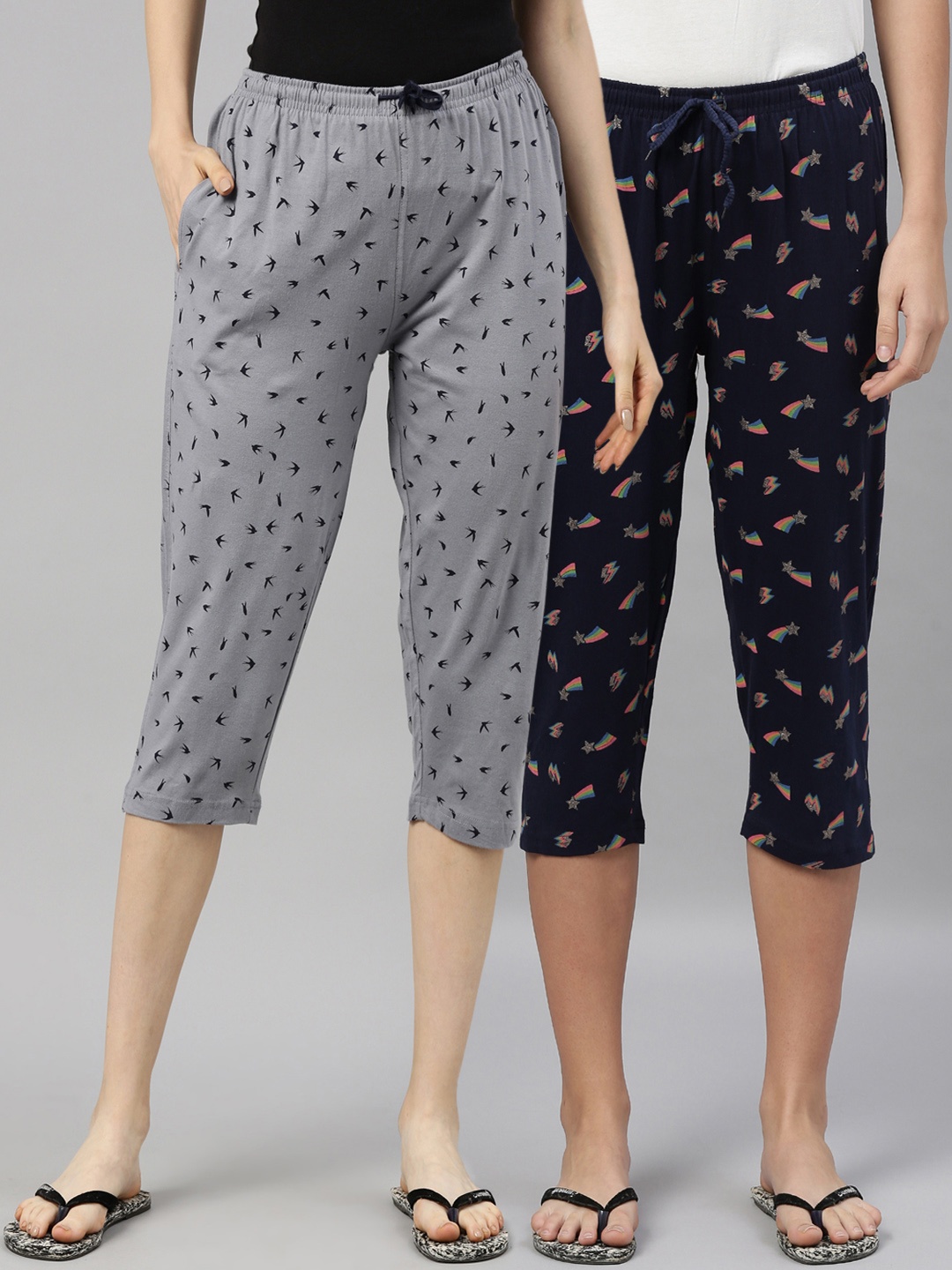 

Kryptic Women Pack of 2 Printed Cotton Capris, Navy blue