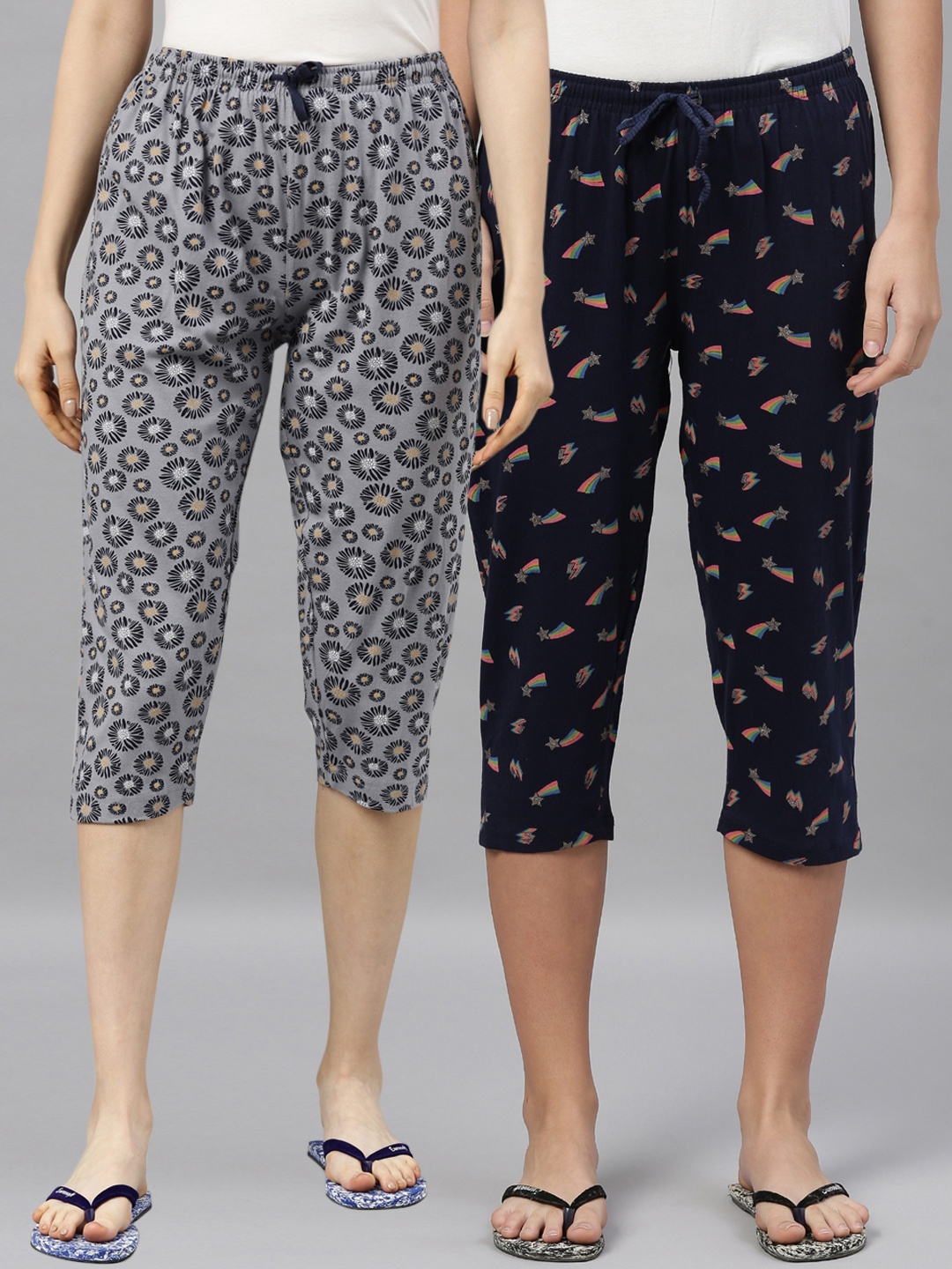 

Kryptic Women Navy Blue & Grey Pack Of 2 Printed Capris