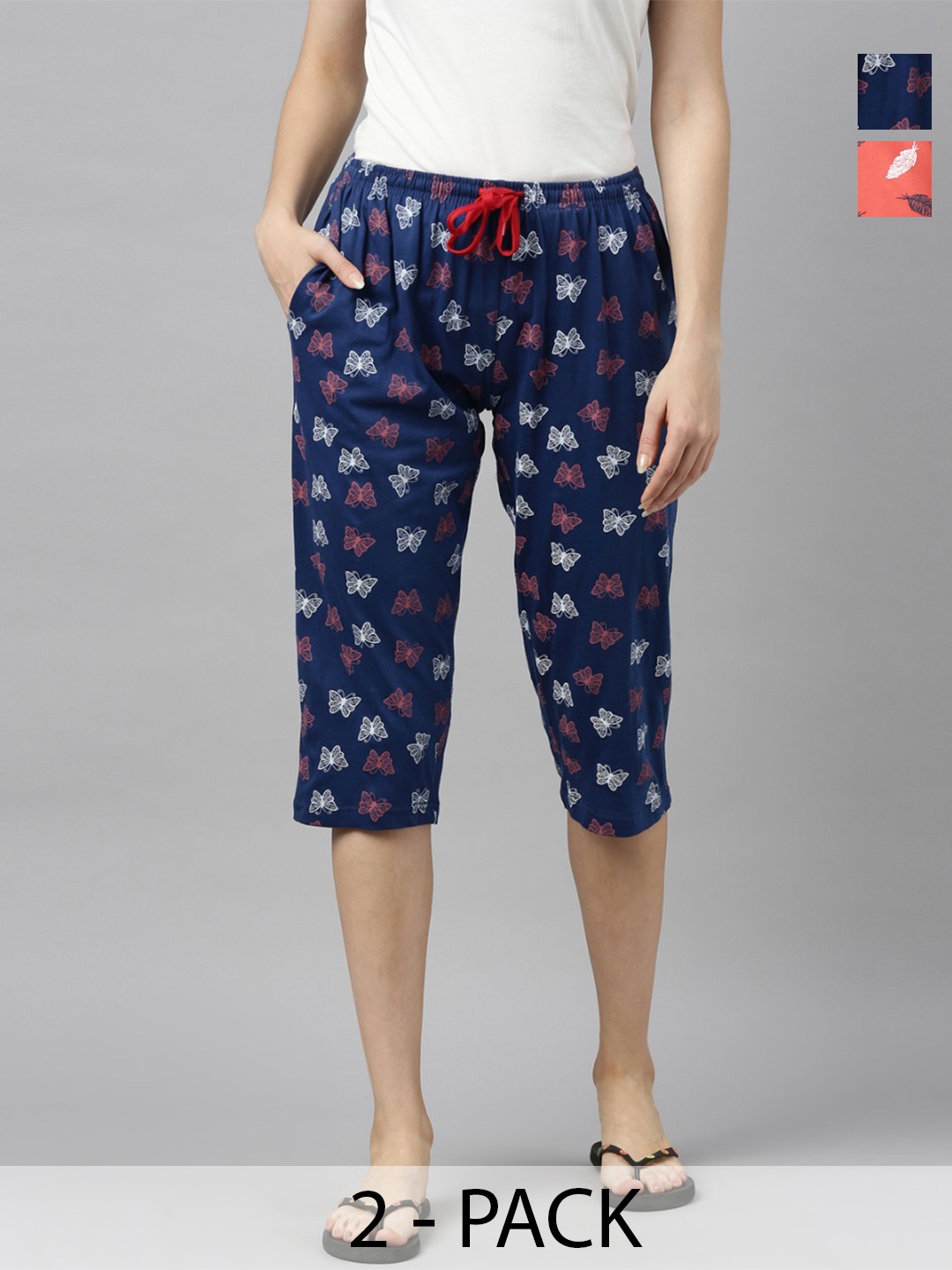 

Kryptic Pack of 2 Women Navy Blue & White Printed Capris