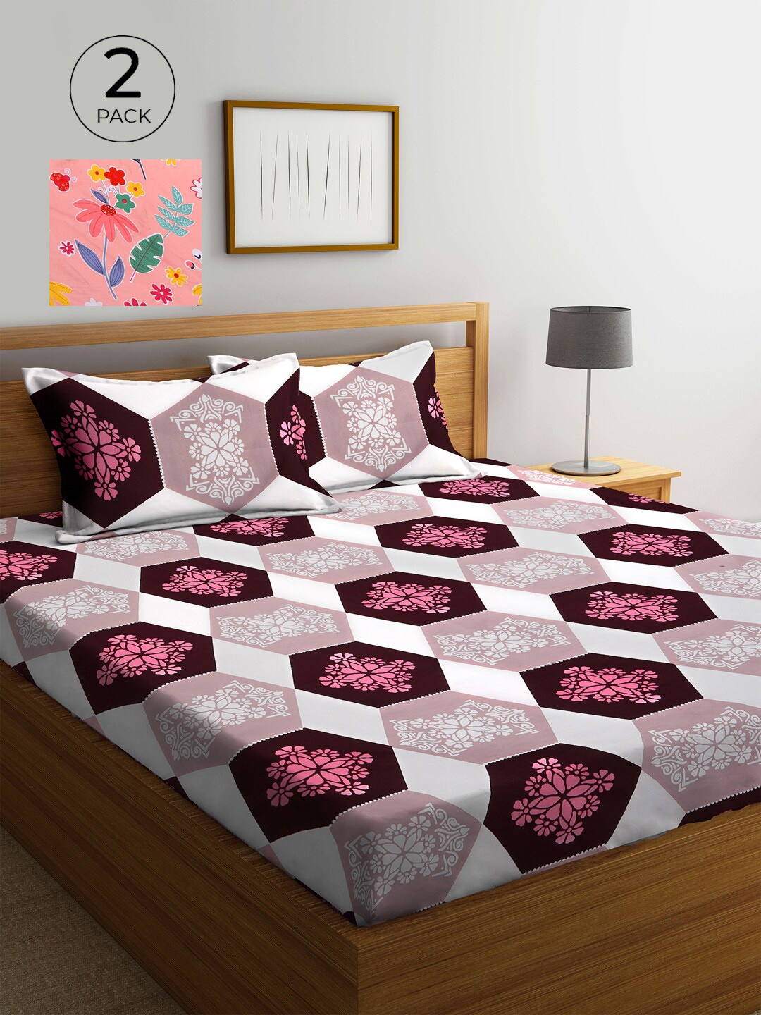 

KLOTTHE White & Pink Floral 210 TC 2 King Bedsheet with 4 Pillow Covers