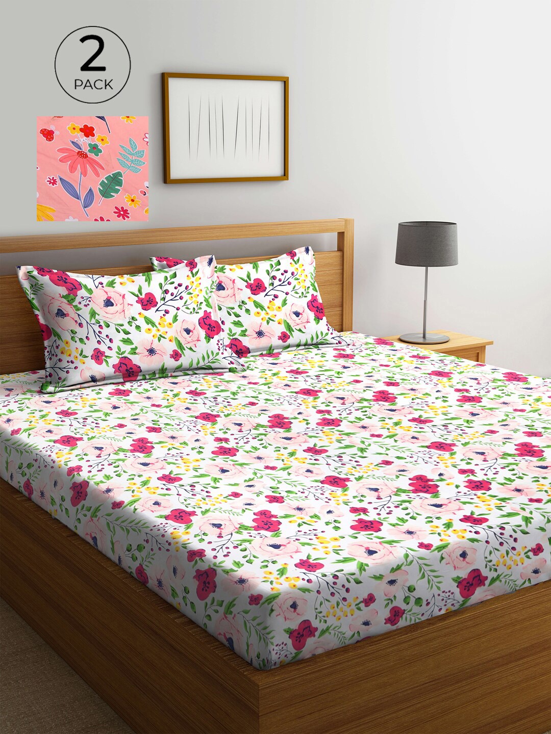 

KLOTTHE White & Pink Floral 210 TC 2 King Bedsheet with 4 Pillow Covers
