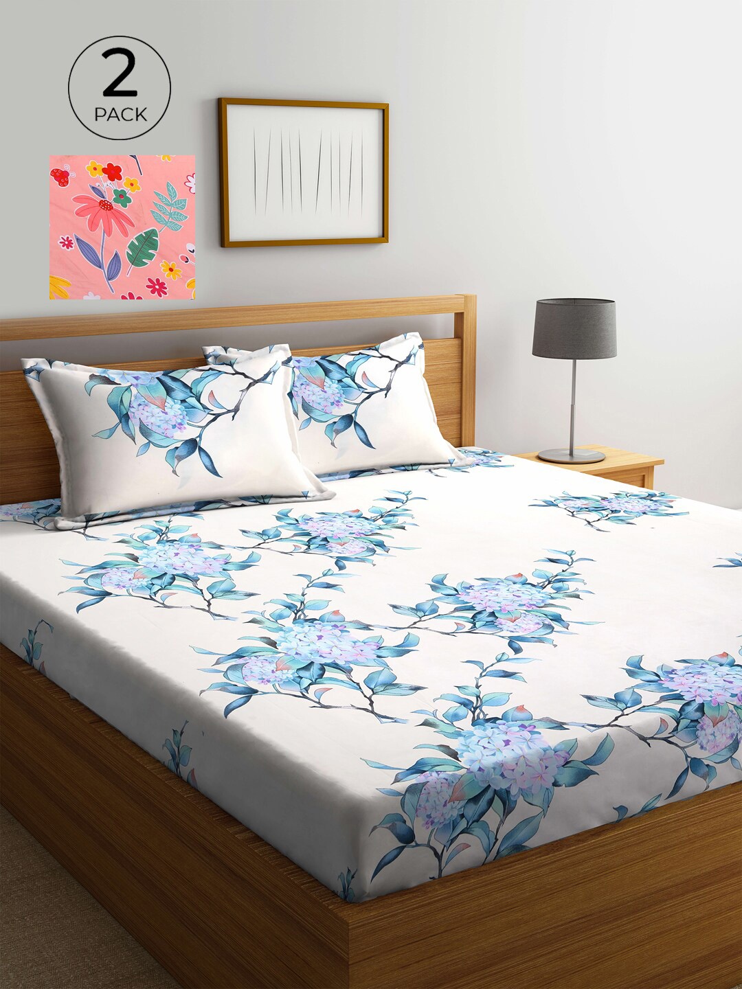 

KLOTTHE Cream-Colored & Peach-Colored Floral 300 TC 2 King Bedsheet with 4 Pillow Covers