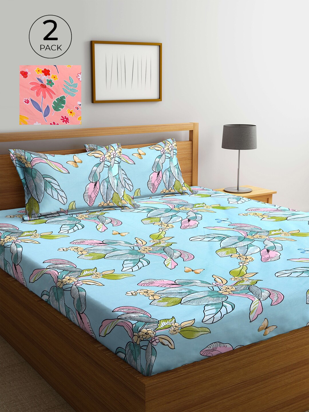 

KLOTTHE Peach-Coloured & Turquoise Blue Floral 210 TC 2 King Bedsheet with 4 Pillow Covers