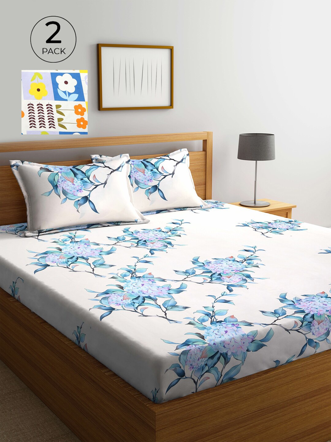 

KLOTTHE White & Blue Floral 210 TC 2 King Bedsheet with 4 Pillow Covers