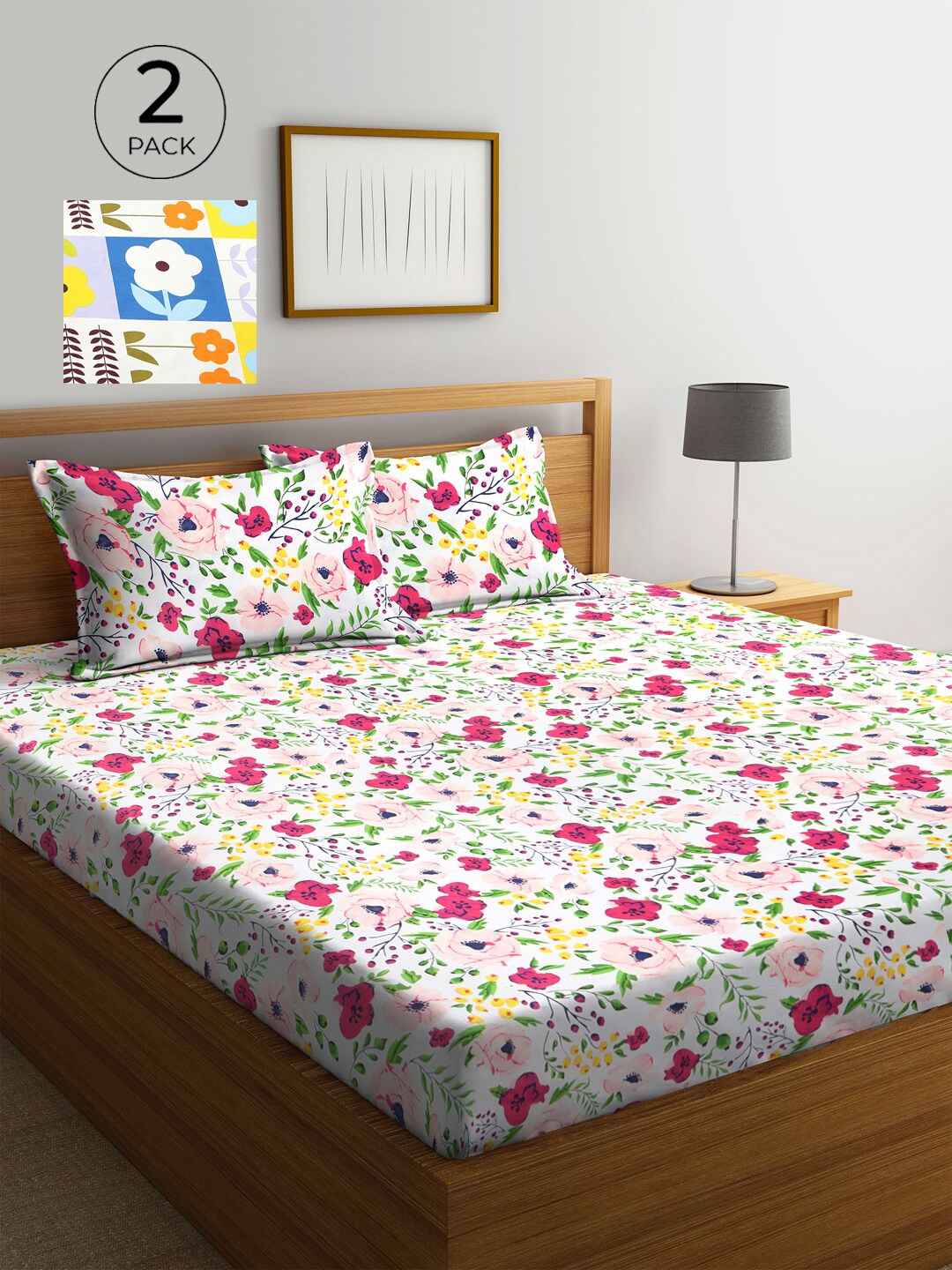 

KLOTTHE White & Yellow Floral 210 TC 2 King Bedsheet with 4 Pillow Covers