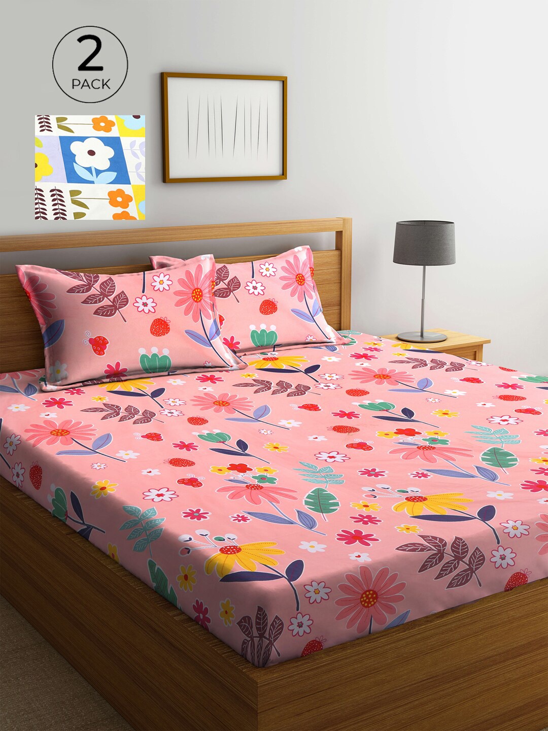 

KLOTTHE Pink & Blue Floral 210 TC 2 King Bedsheet with 4 Pillow Covers