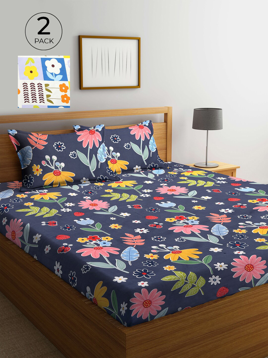 

KLOTTHE Navy Blue & White Floral 210 TC 2 King Bedsheet with 4 Pillow Covers