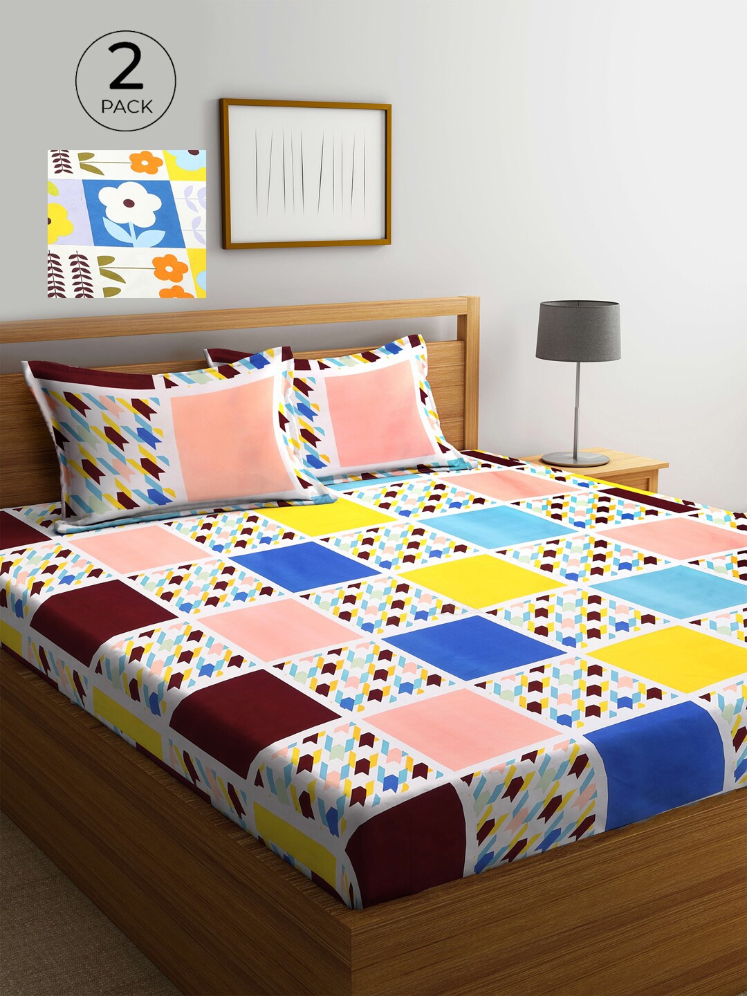 

KLOTTHE White & Yellow Geometric 210 TC 2 King Bedsheet with 4 Pillow Covers