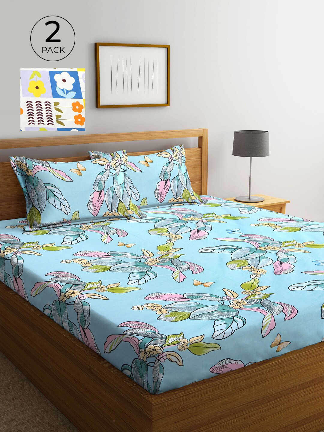 

KLOTTHE White & Blue Floral 210 TC 2 King Bedsheet with 4 Pillow Covers