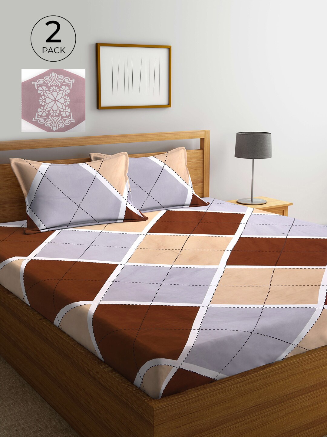 

KLOTTHE Brown & Grey Geometric 210 TC 2 King Bedsheet with 4 Pillow Covers