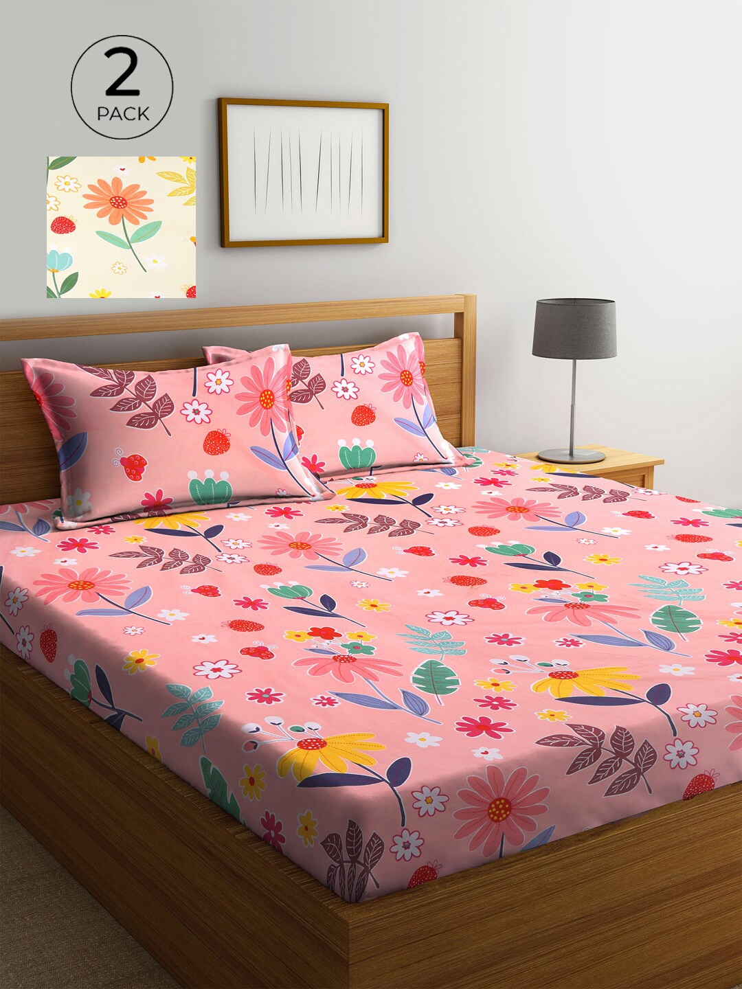 

Pink & Yellow Floral 300 TC 2 King Bedsheet with 4 Pillow Covers