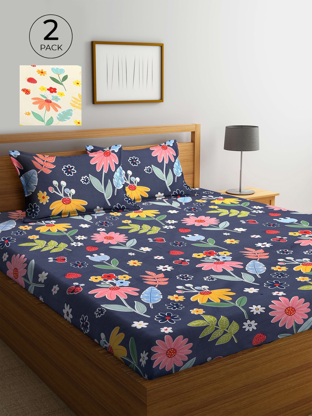 

KLOTTHE Navy Blue & Cream-Colored Floral 300 TC 2 King Bedsheet with 4 Pillow Covers