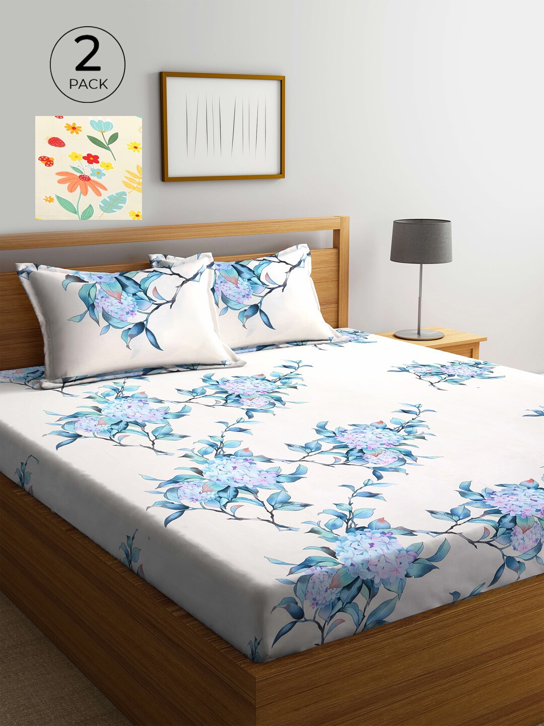 

White & Cream-Coloured Floral 300 TC 2 King Bedsheet with 4 Pillow Covers