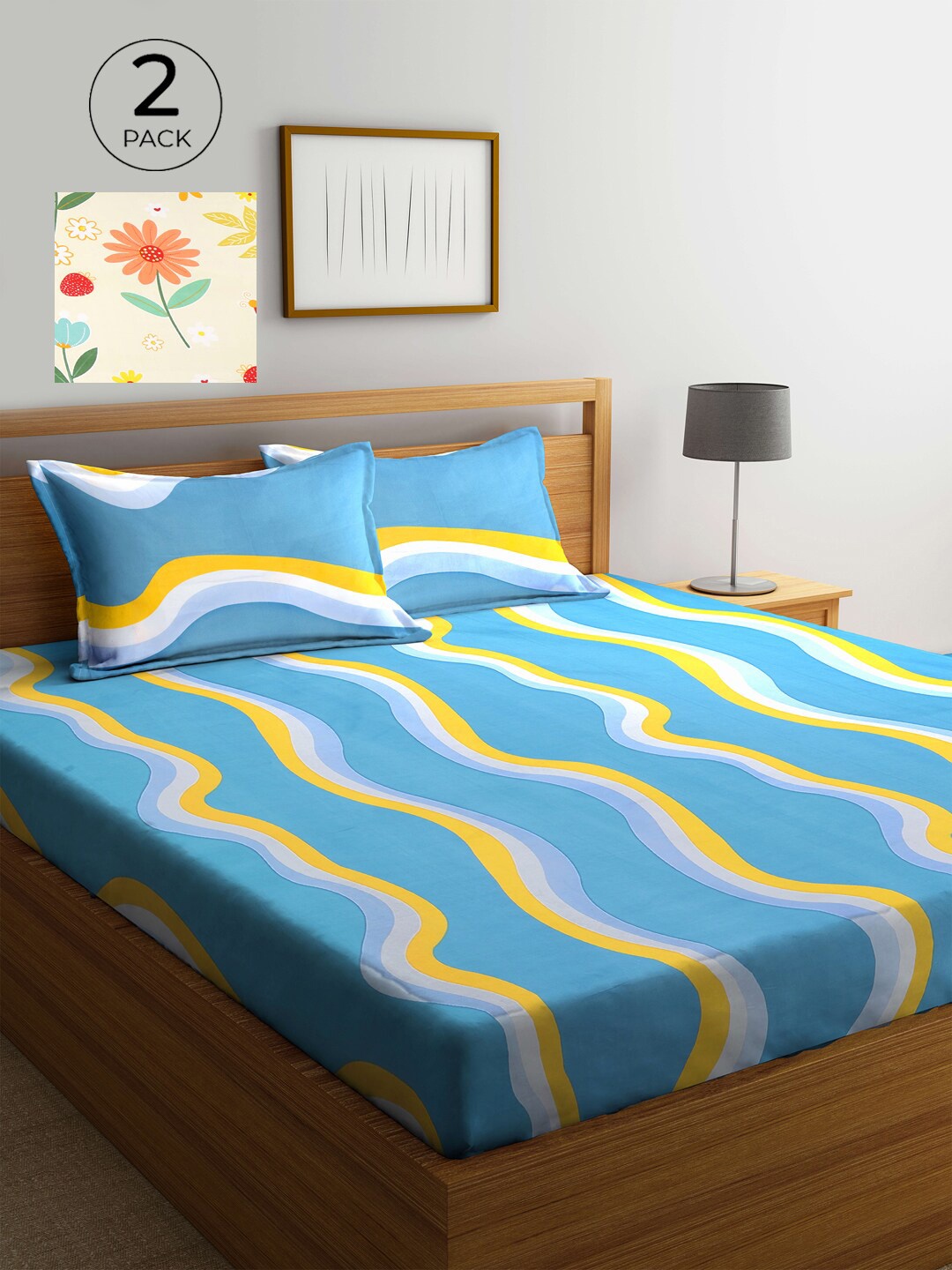 

KLOTTHE Blue & Cream-Coloured Floral 210 TC 2 King Bedsheet with 4 Pillow Covers