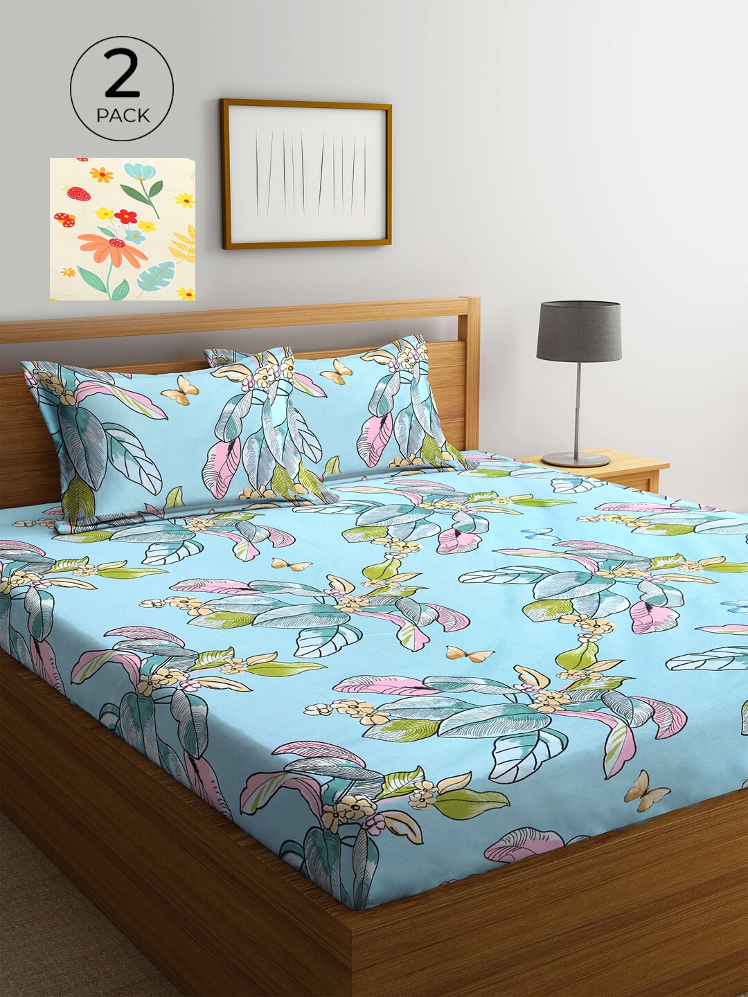 

KLOTTHE Blue & Cream-Coloured Floral 210 TC 2 King Bedsheet with 4 Pillow Covers
