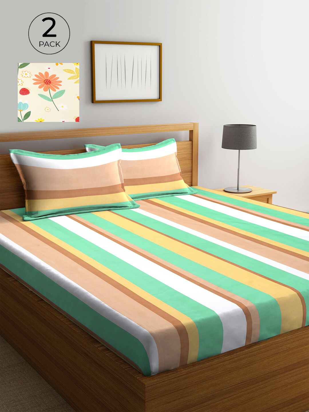 

KLOTTHE White & Green Striped 210 TC 2 King Bedsheet with 4 Pillow Covers
