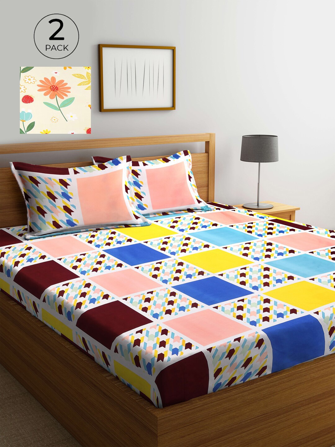 

KLOTTHE Multicoloured Geometric 210 TC 2 King Bedsheet with 4 Pillow Covers, Multi